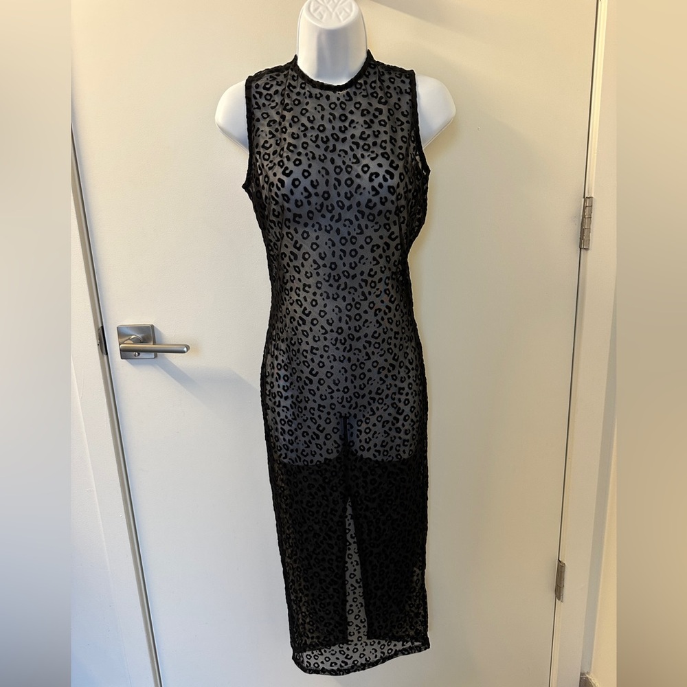 Fashion Nova Sheer Black Animal Print Midi Dress and Gloves